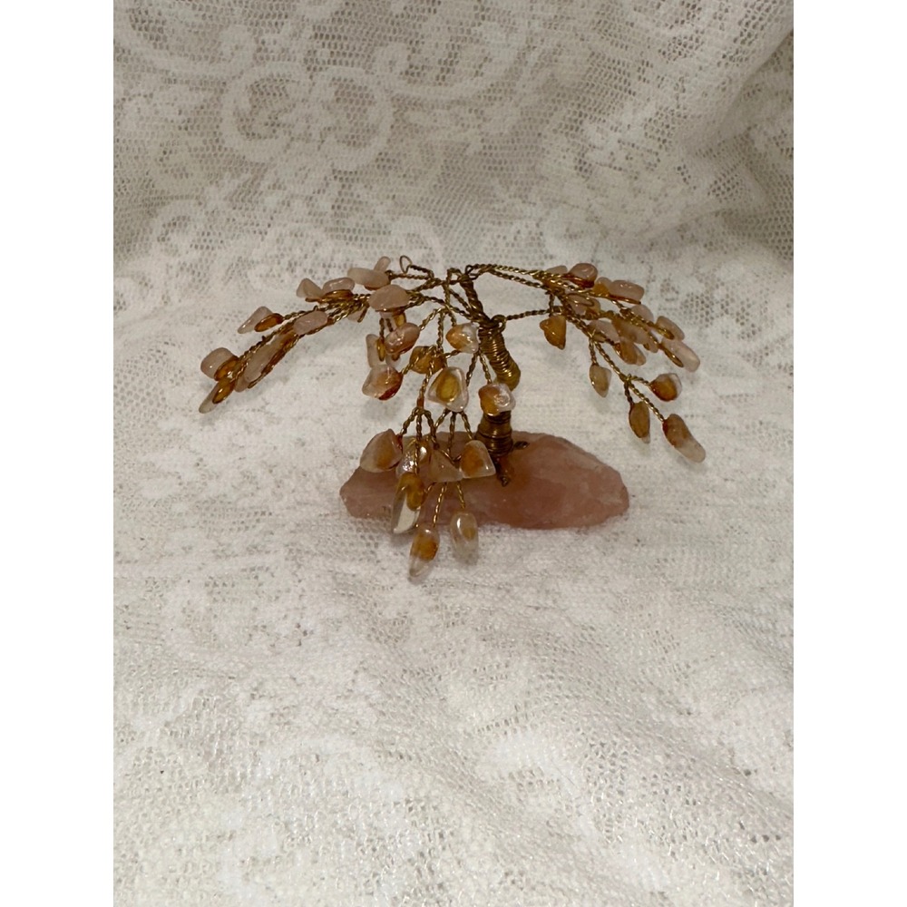 Vintage Gemstone Tree of Life‎ Rose Quartz Base Gold Wire Bonsai Sculpture 4.5in